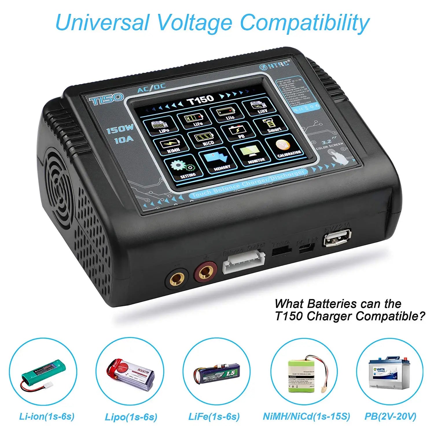 HTRC T240 Duo Lipo Charger - Battery Discharger Dual Channel AC 150W DC 240W Touch Screen RC Charger for Model Car Toy 40 HTRC T240 Duo Lipo Charger, T150 Charger is compatible with the following batteries: Li-ion, Lipo,