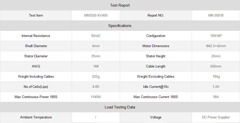 T-motor MN3520 400KV Outrunner Brushless Motor - 3.6KG Thrust Special Designfor Multicopter UAV RC Drones Copter Quadcopter 15 T-motor, Test Report Test Item MN3520 KV4OO Report NO. MN.