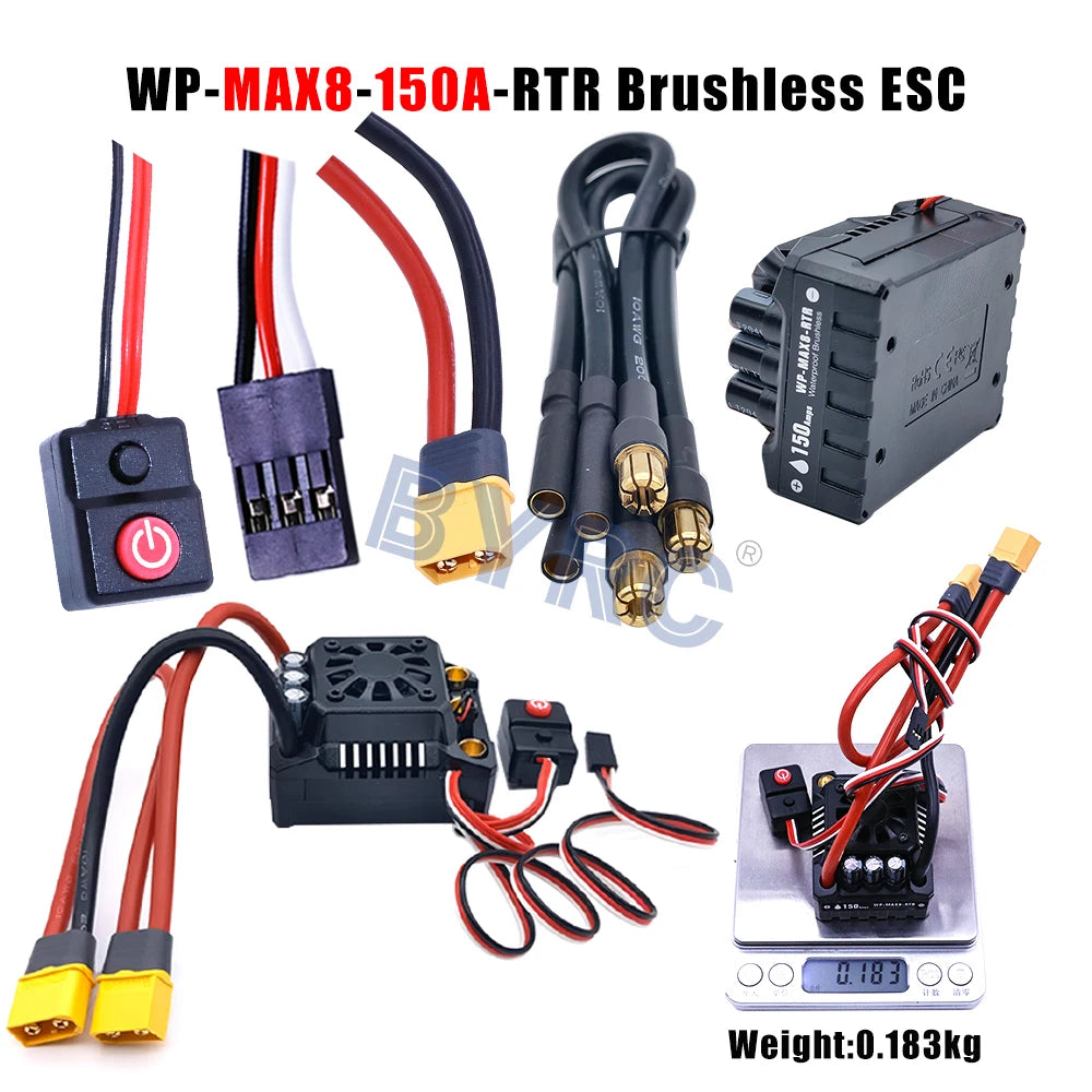 Waterproof brushless ESC controller for 1/10 to 1/6 RC cars, rated 25A to 200A.
