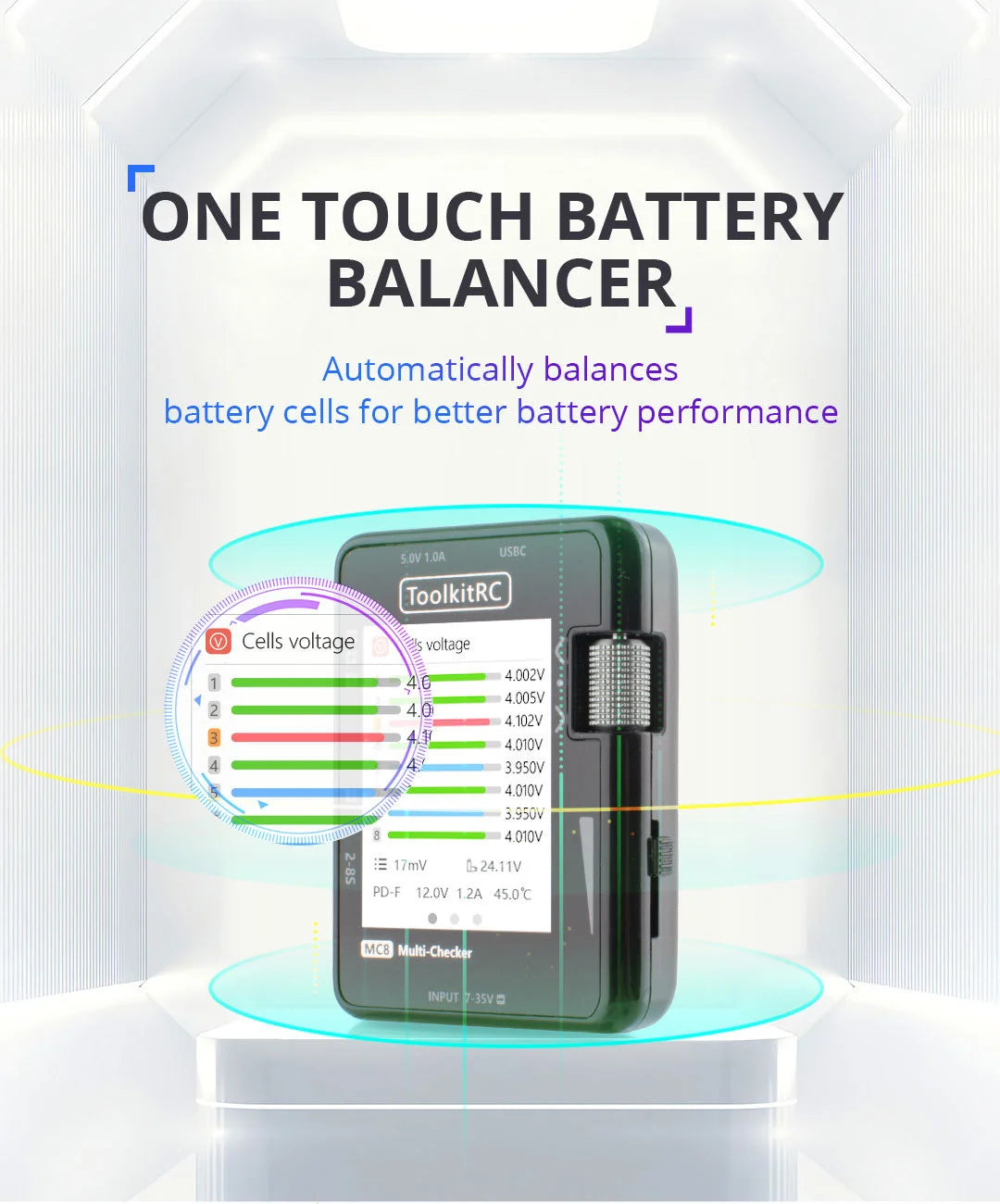 ToolkitRC MC8, ONE TOUCH BATTERY BALANCER automatically balances battery cells for better