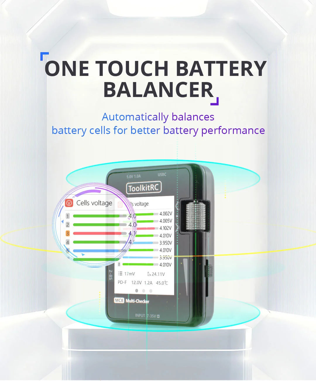 MC8详情页en_04.jpg ToolkitRC MC8, ONE TOUCH BATTERY BALANCER automatically balances battery cells for better