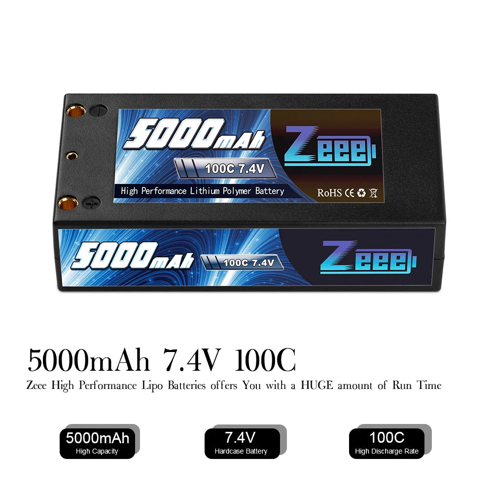 Zeee 2S 7.4V 100C 5000mAh Shorty Lipo Battery, EBBL 100C 7.4V High Performance Lithiumn Polymer Battery RoHS