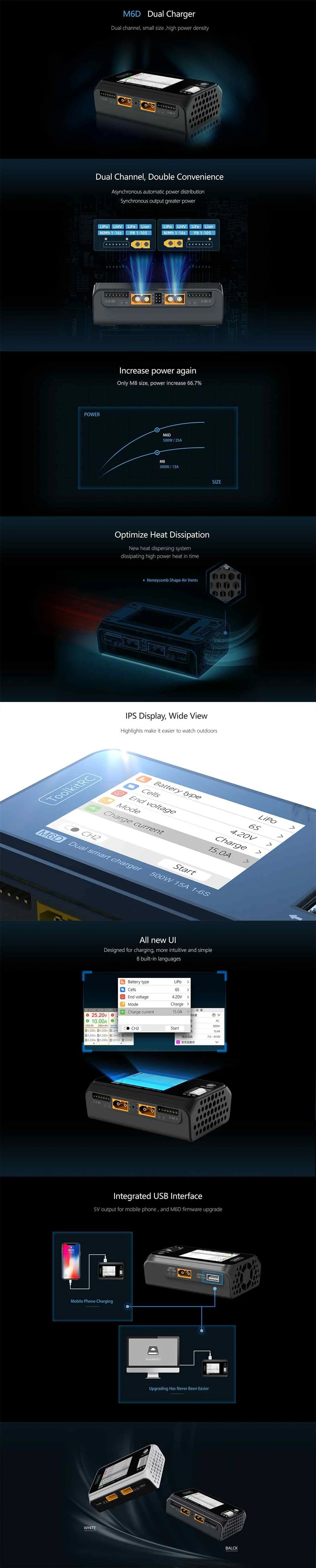 ToolkitRC M6D Charger - 500W 15A DC Dual Channel MINI Smart Charger Discharger For 1-6S Lipo Battery FPV Model Spare Part Replace M8 Drone Battery Charger 7 ToolkitRC M6D Charger, MGD Dual Charger Dua channel, small size high power density Dual Channel; Double Con