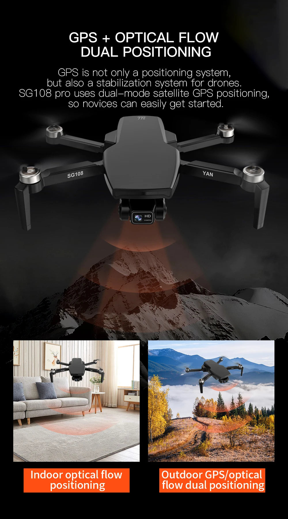 G108 Pro MAx Drone, GPS OPTICAL FLOW DUAL POSITIONING GPS is not only a