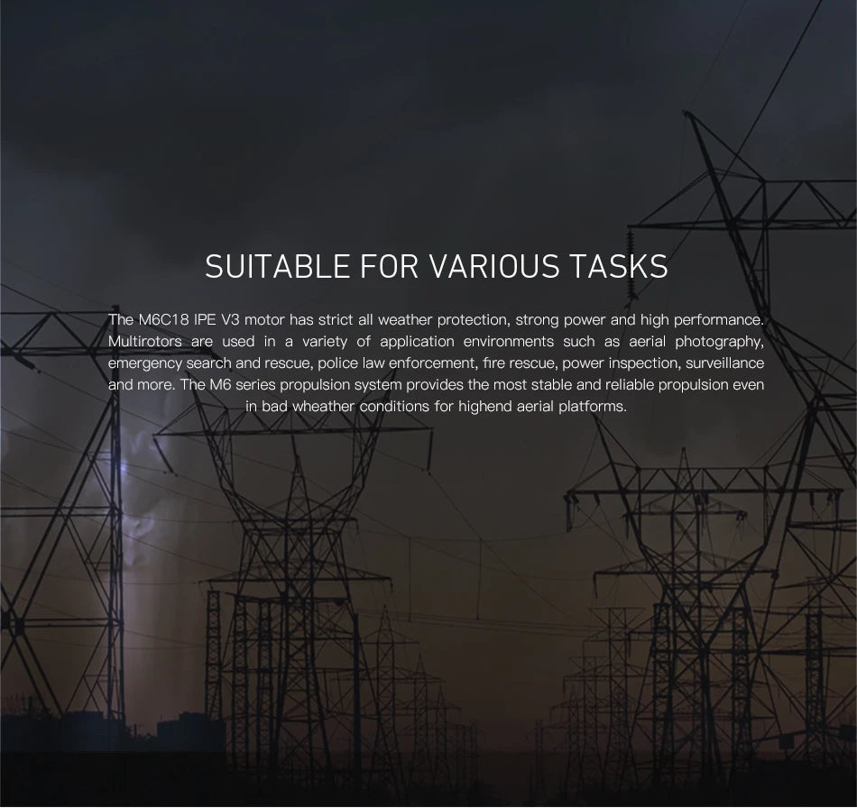 MAD M6C18 Drone Motor, High-performance brushless outrunner motor suitable for multirotors in various applications like photography, search & rescue, and power inspection.