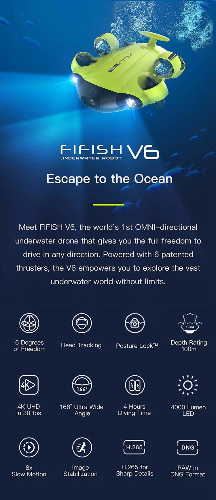 Fifish V6 - professional Underwater Drone, Ist OMNI-directional underwater drone Fifish V6 empowers you to explore the
