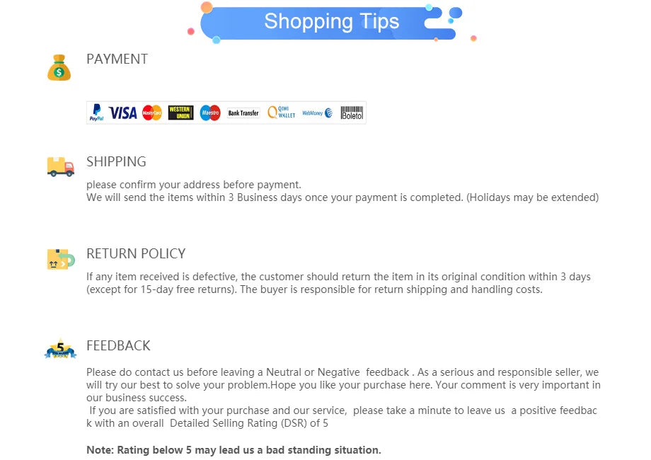 RETURN POLICY If any item received is defective, the customer should return the item