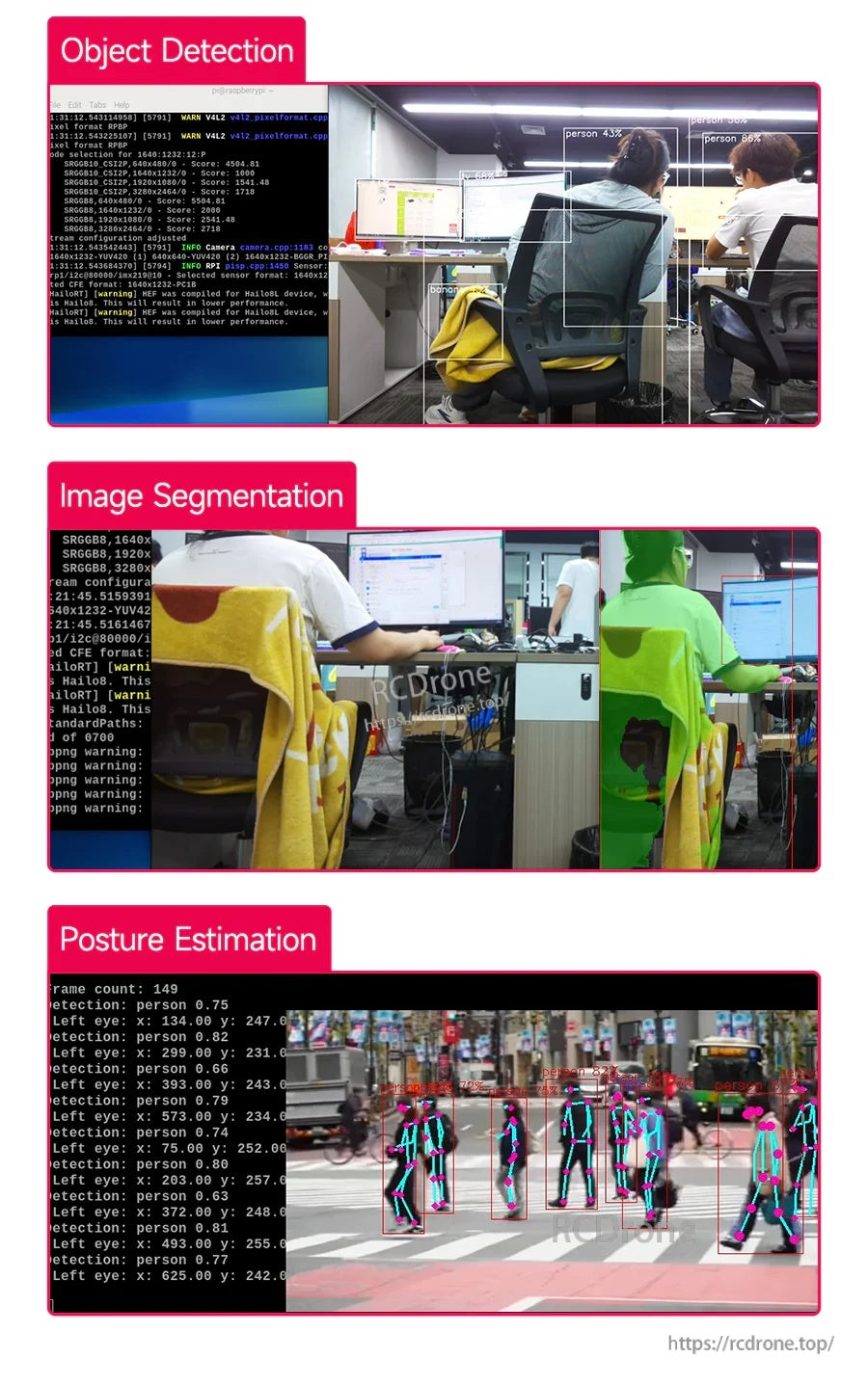 Computer vision demo results for object detection, image segmentation, and posture estimation with console output and overlays