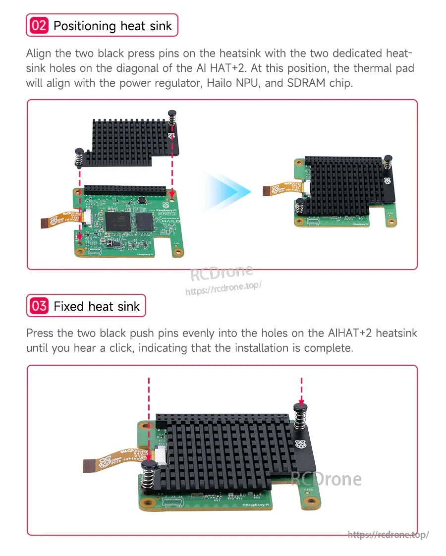 Heatsink positioning and fastening steps on the AI HAT+2 board using push pins and alignment points