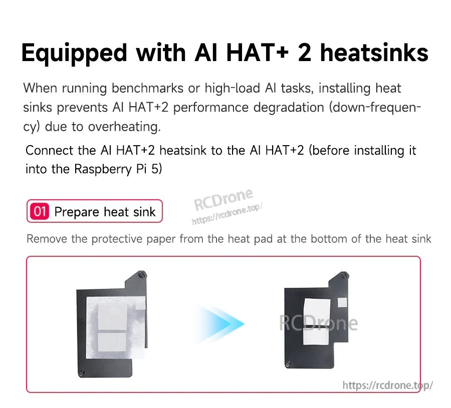 Heatsink installation guide for AI HAT+2 showing thermal pad preparation before mounting to the accelerator board