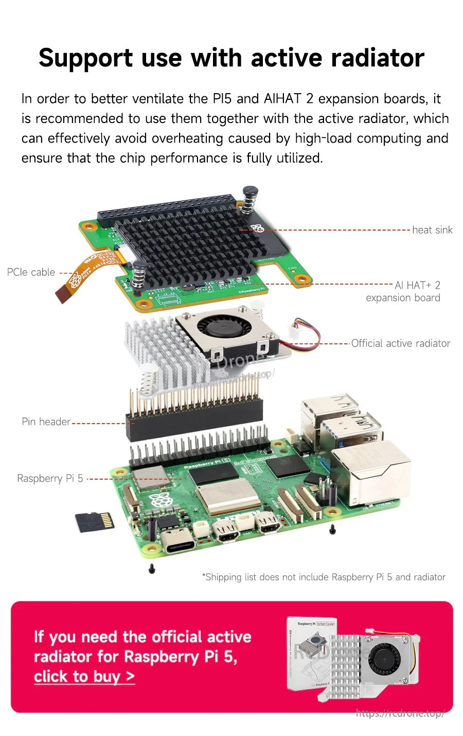 Exploded installation view of AI HAT+2 on Raspberry Pi 5 with PCIe cable, pin header, heatsink and optional active cooler