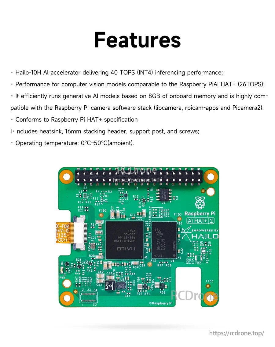 Features list and top view of Hailo-10H AI HAT+2 board showing HAT+ connector and component layout