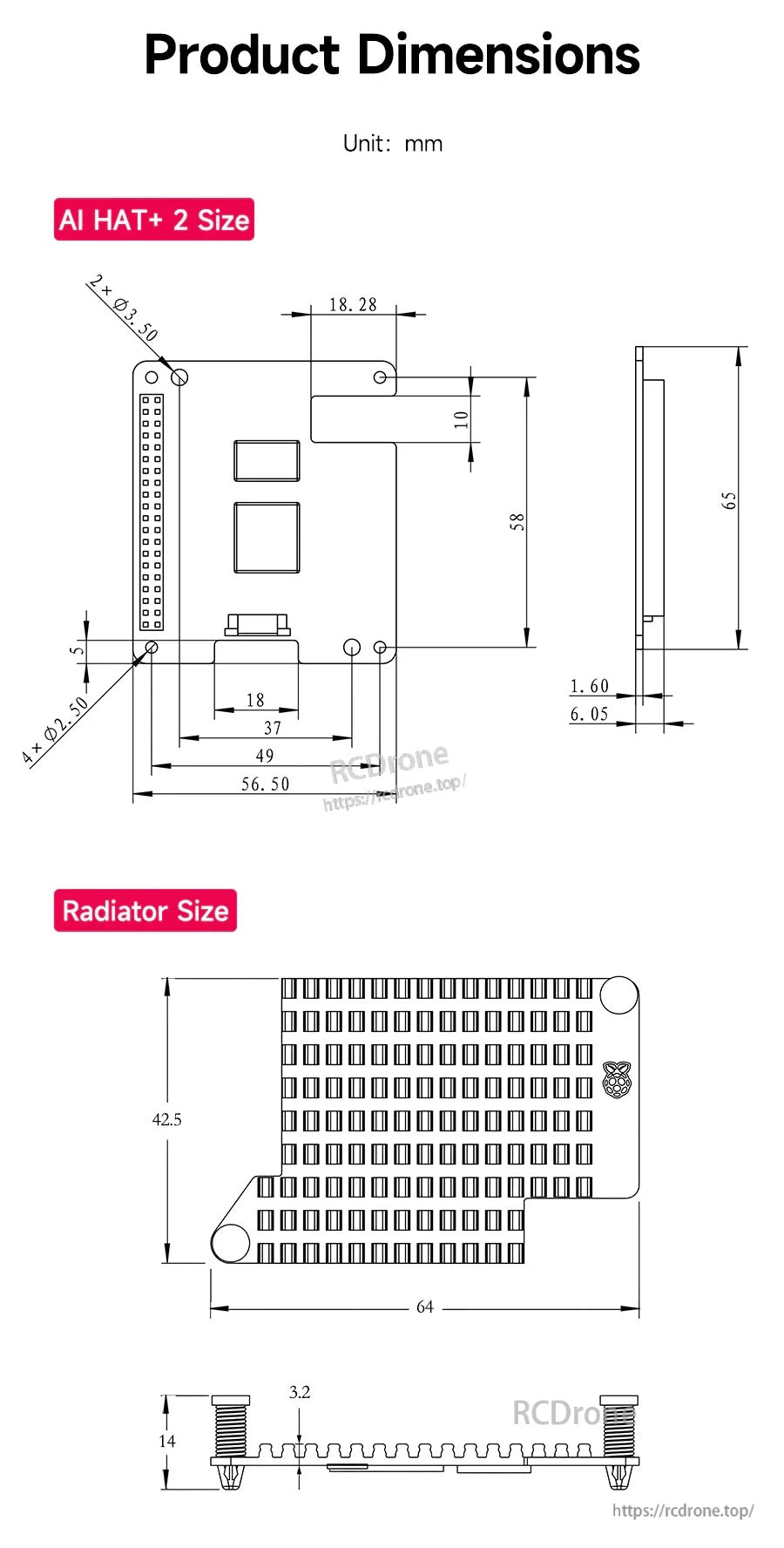 Dimension drawing of the Hailo-10H AI HAT+2 board and radiator/heatsink, with measurements in mm.