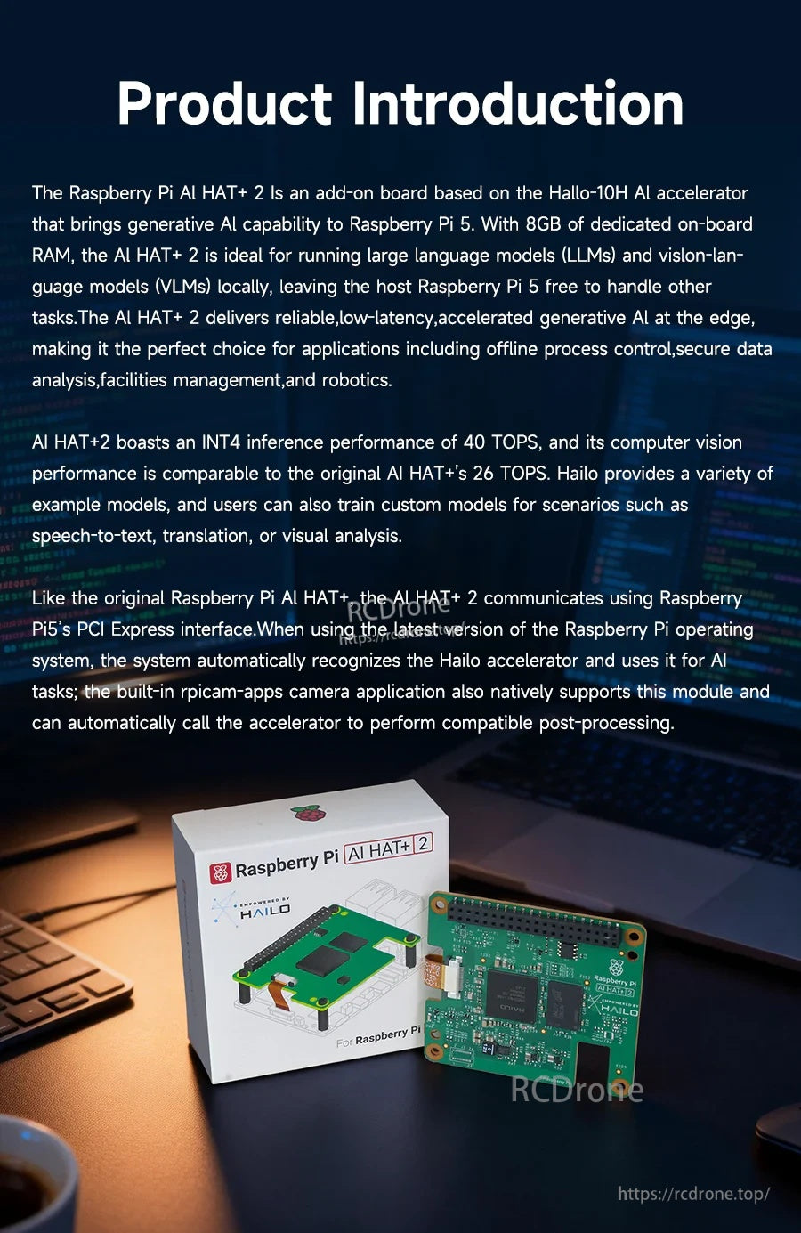 Product introduction overview for the Raspberry Pi 5 AI HAT+2 with Hailo-10H accelerator and kit contents