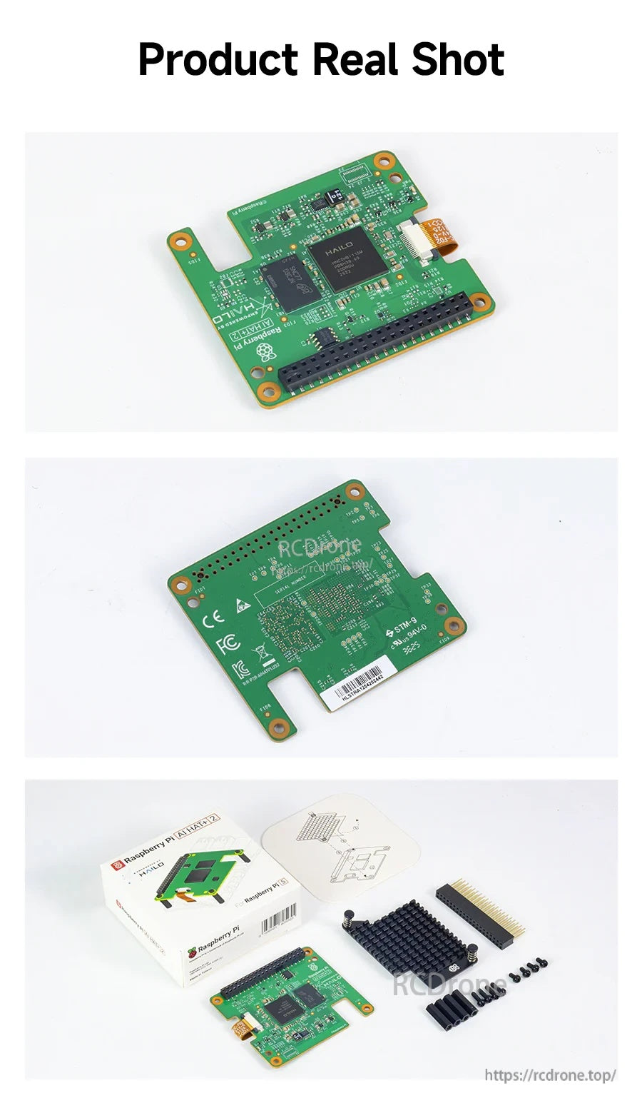 Hailo AI HAT+2 kit board for Raspberry Pi 5 with 40-pin header, heatsink, ribbon cable and screws