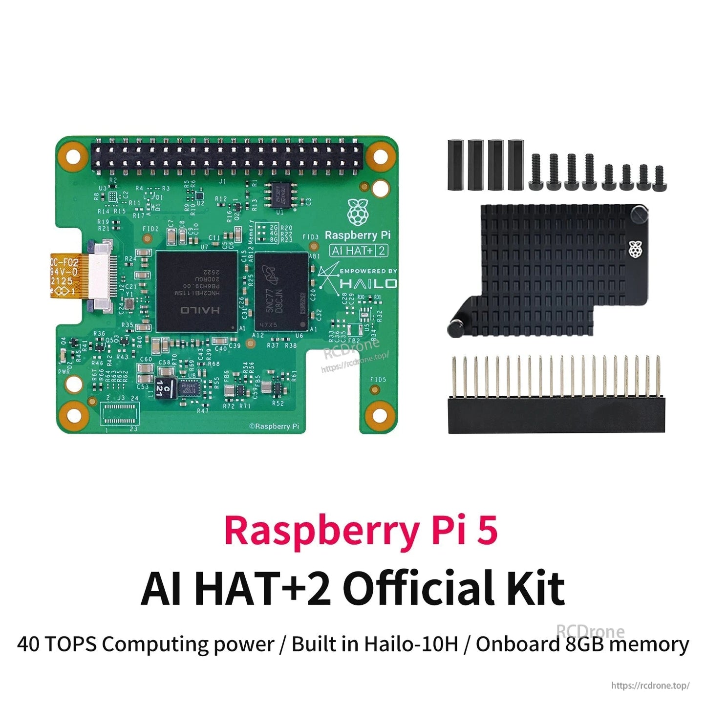 Raspberry Pi 5 AI HAT+2 Official Kit layout with Hailo-10H board and included mounting hardware