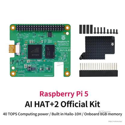 Raspberry Pi 5 AI HAT+2 Official Kit layout with Hailo-10H board and included mounting hardware
