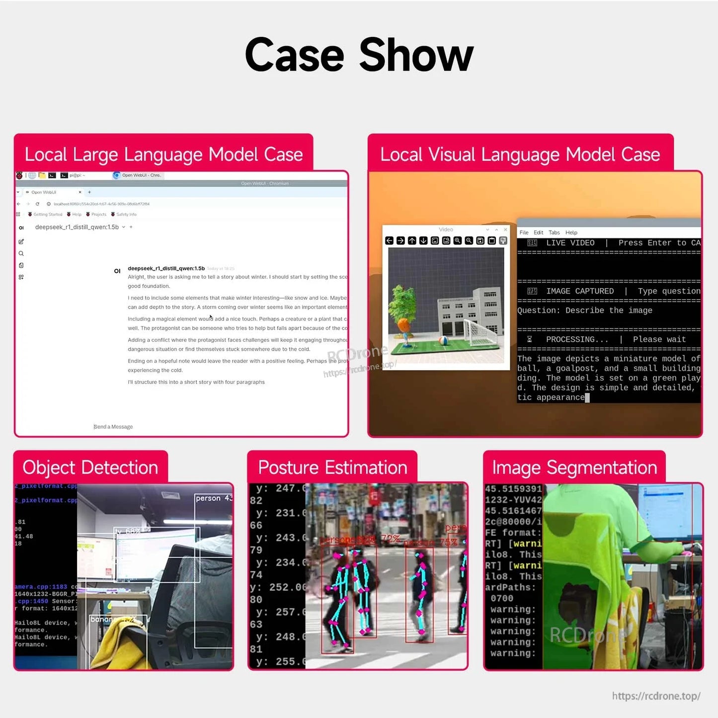 AI HAT+2 use case collage: local LLM/VLM demos, object detection, posture estimation, segmentation