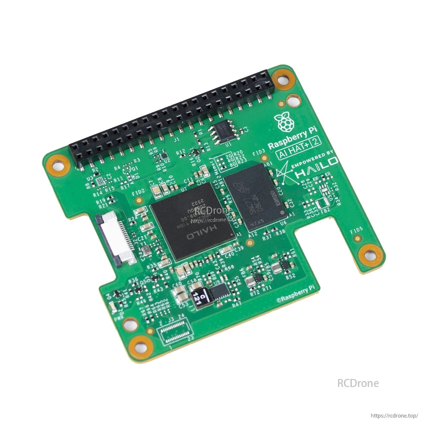 Top-down view of AI HAT+2 PCB showing component layout and 40-pin GPIO stacking header