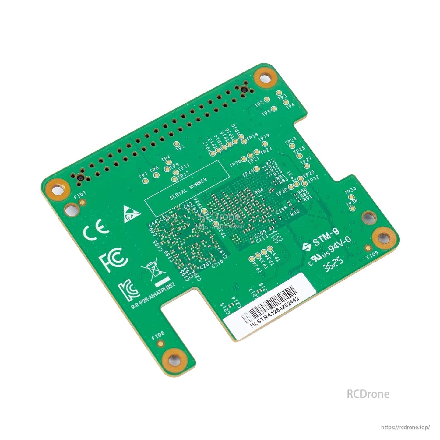 Back side of AI HAT+2 PCB showing certification marks, test pads, and serial label area