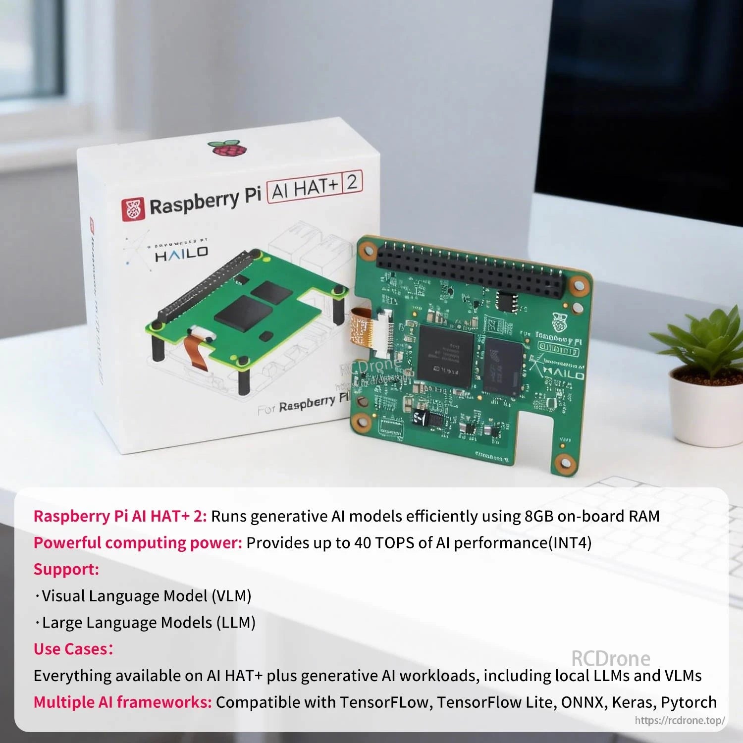 Raspberry Pi AI HAT+2 with box on desk, highlighting 8GB onboard RAM and up to 40 TOPS text