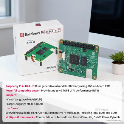 Raspberry Pi AI HAT+2 with box on desk, highlighting 8GB onboard RAM and up to 40 TOPS text