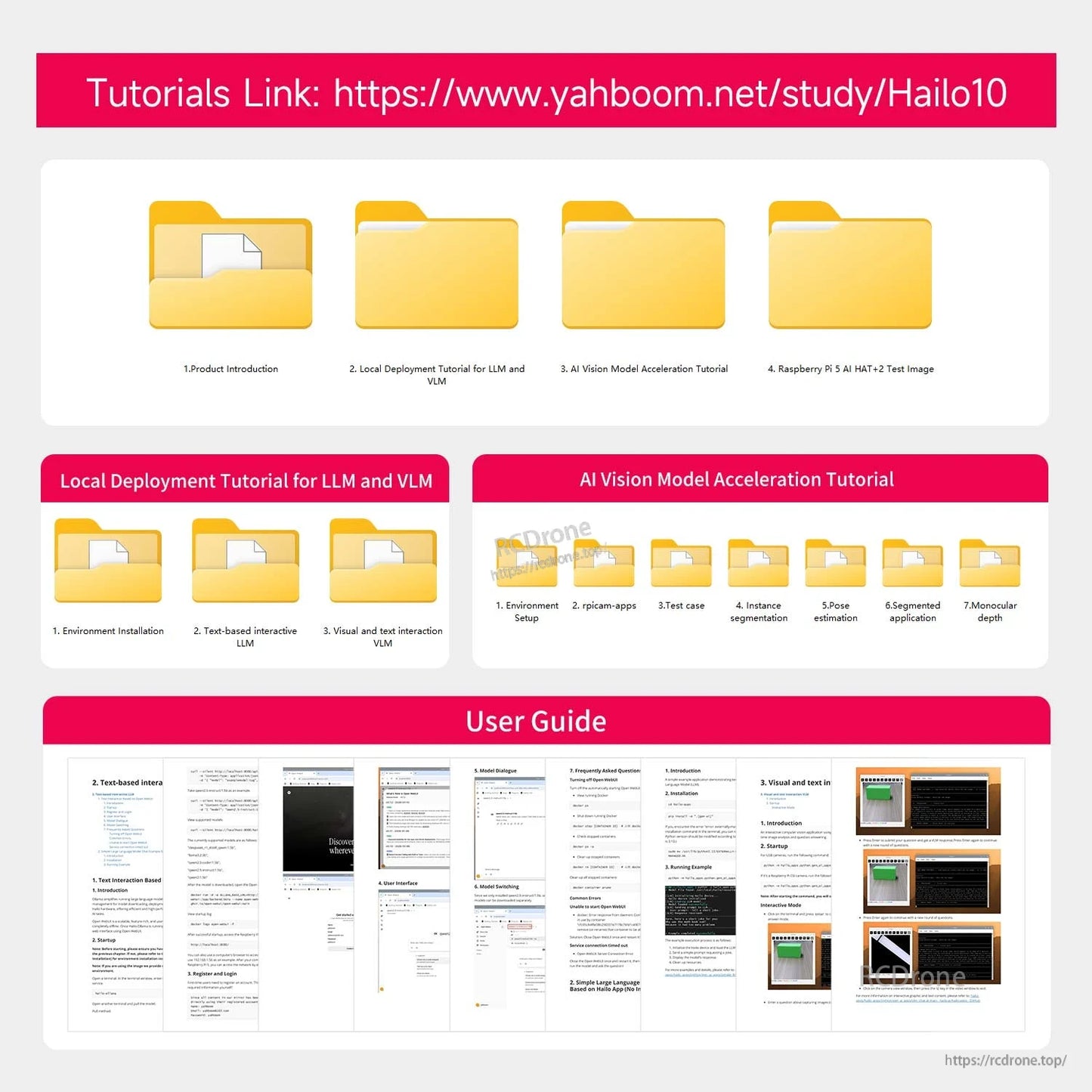 Tutorials and user guide overview for Hailo-10H AI HAT+2, with link and document thumbnails