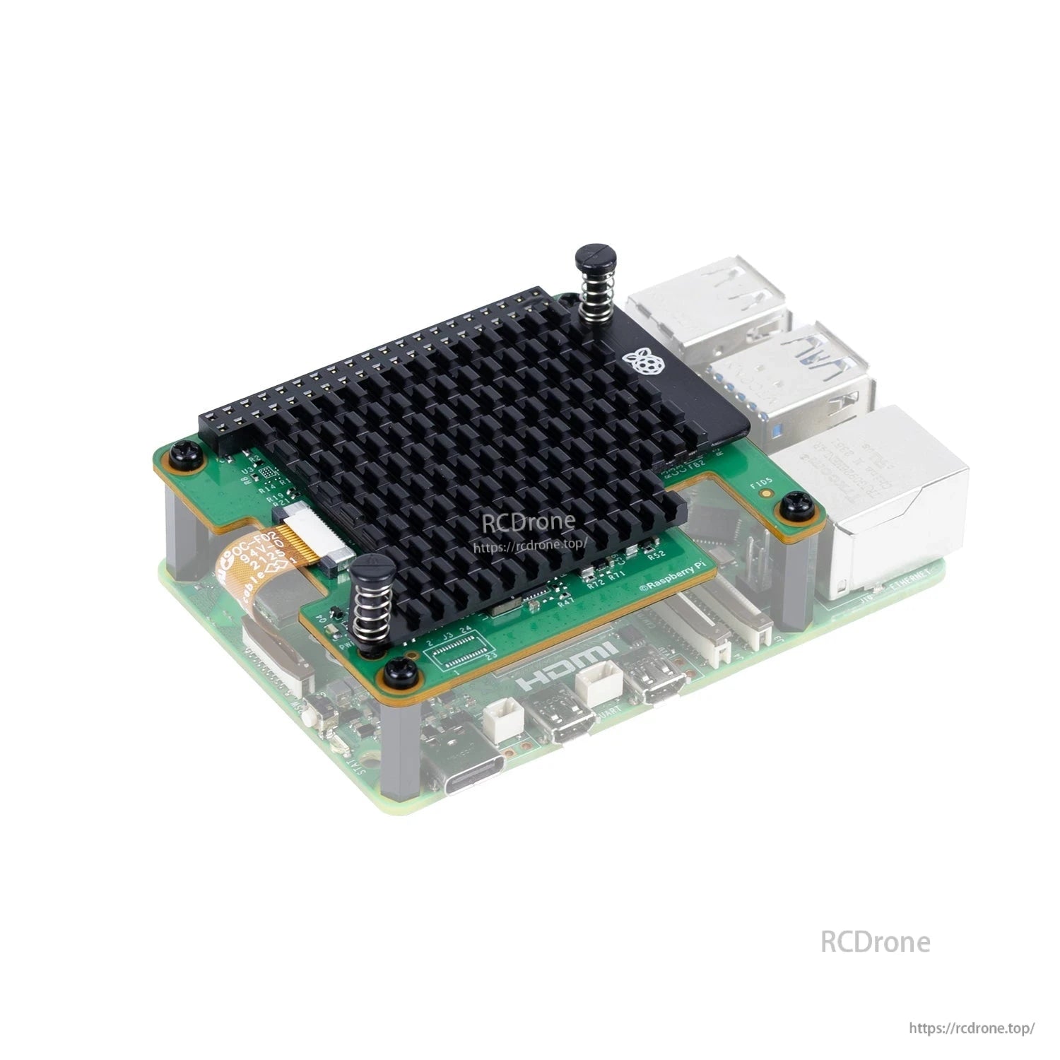 AI HAT+2 installed on Raspberry Pi 5 with heatsink and standoffs, showing low-profile fit