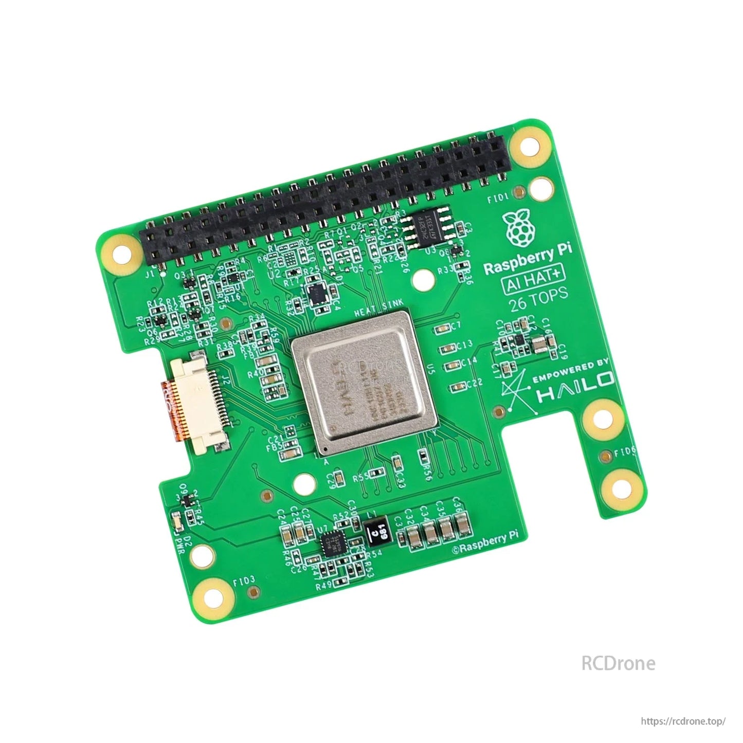 Angled view of Raspberry Pi AI HAT+ board labeled 26 TOPS, showing NPU and 40-pin header