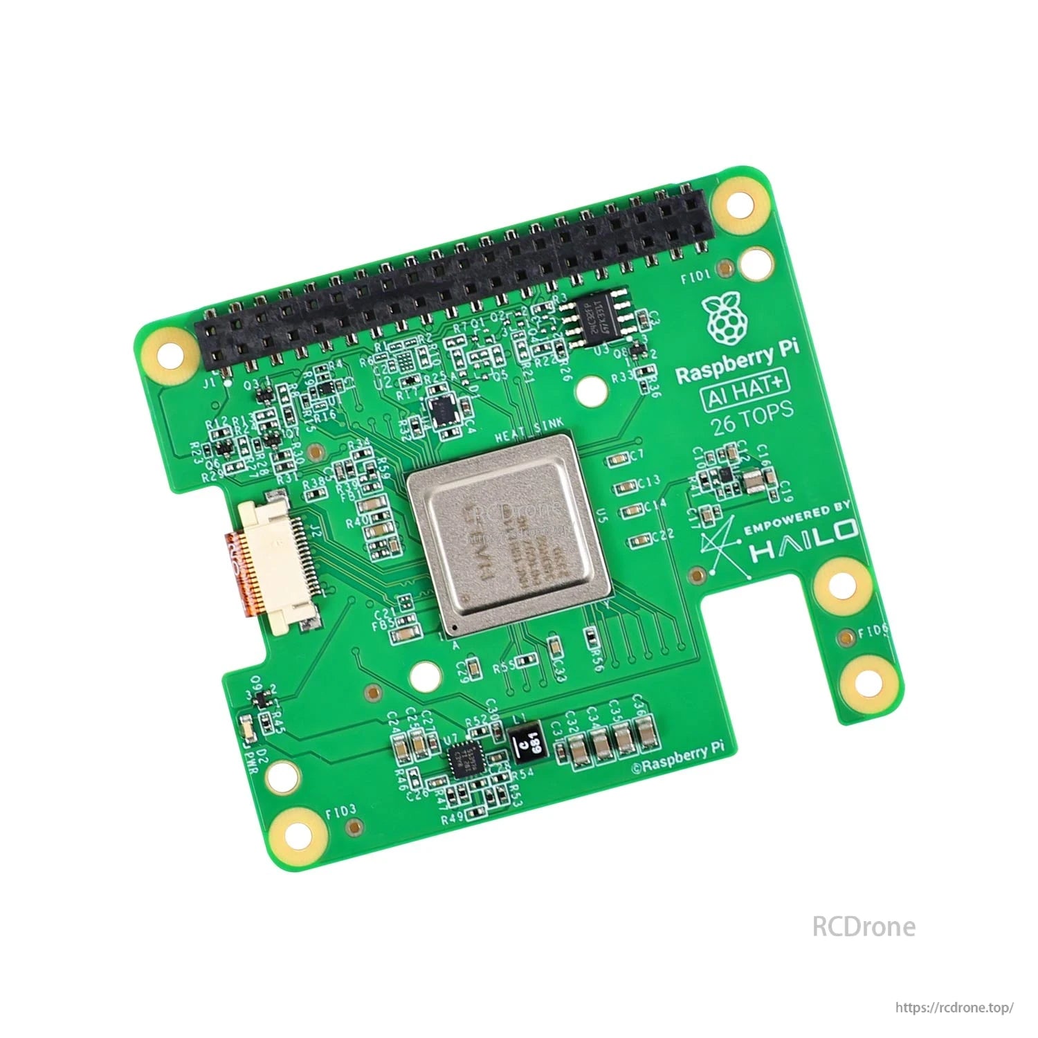 Angled view of Raspberry Pi AI HAT+ board labeled 26 TOPS, showing NPU and 40-pin header