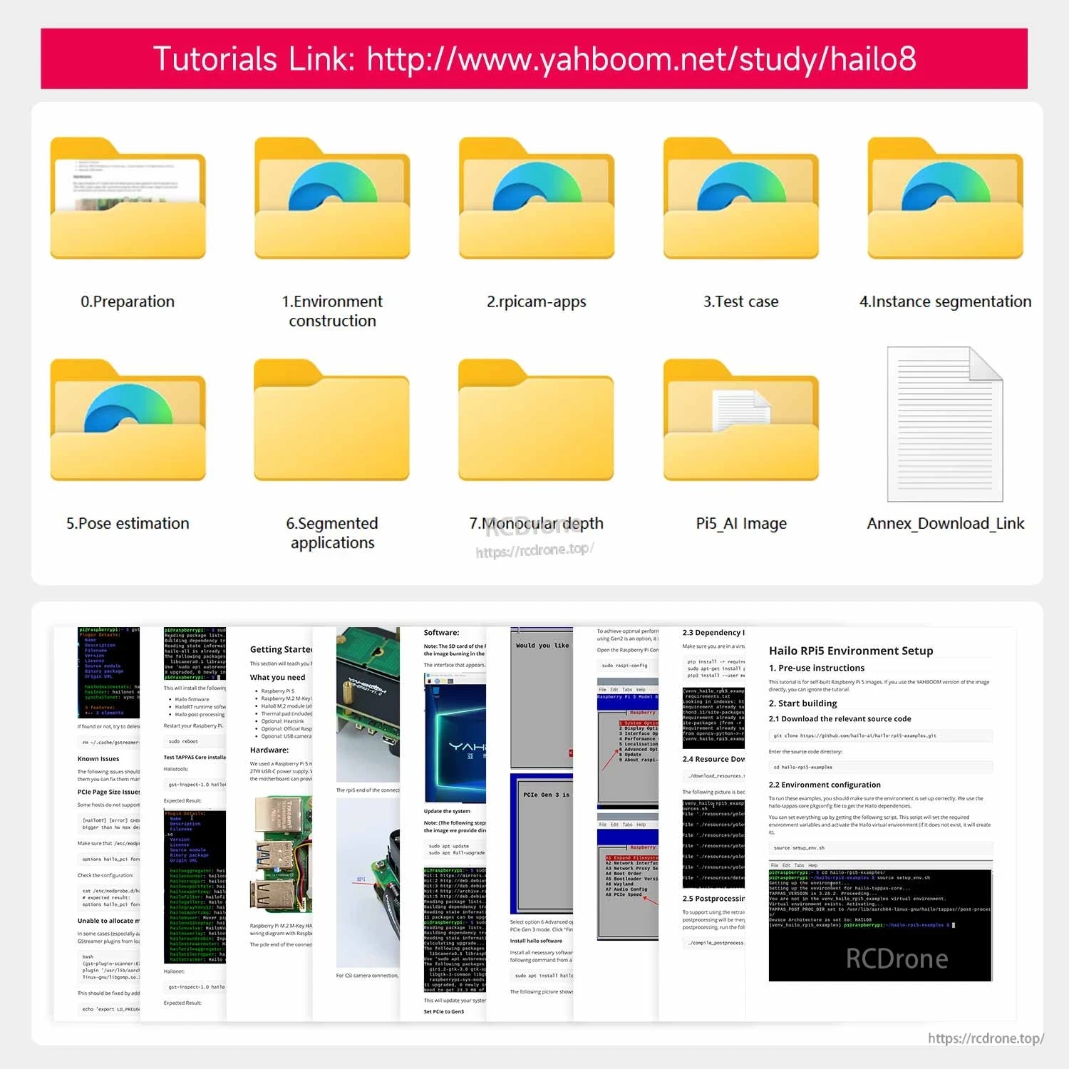 Tutorials link graphic for Hailo8 with folders for setup, test cases, and segmentation examples
