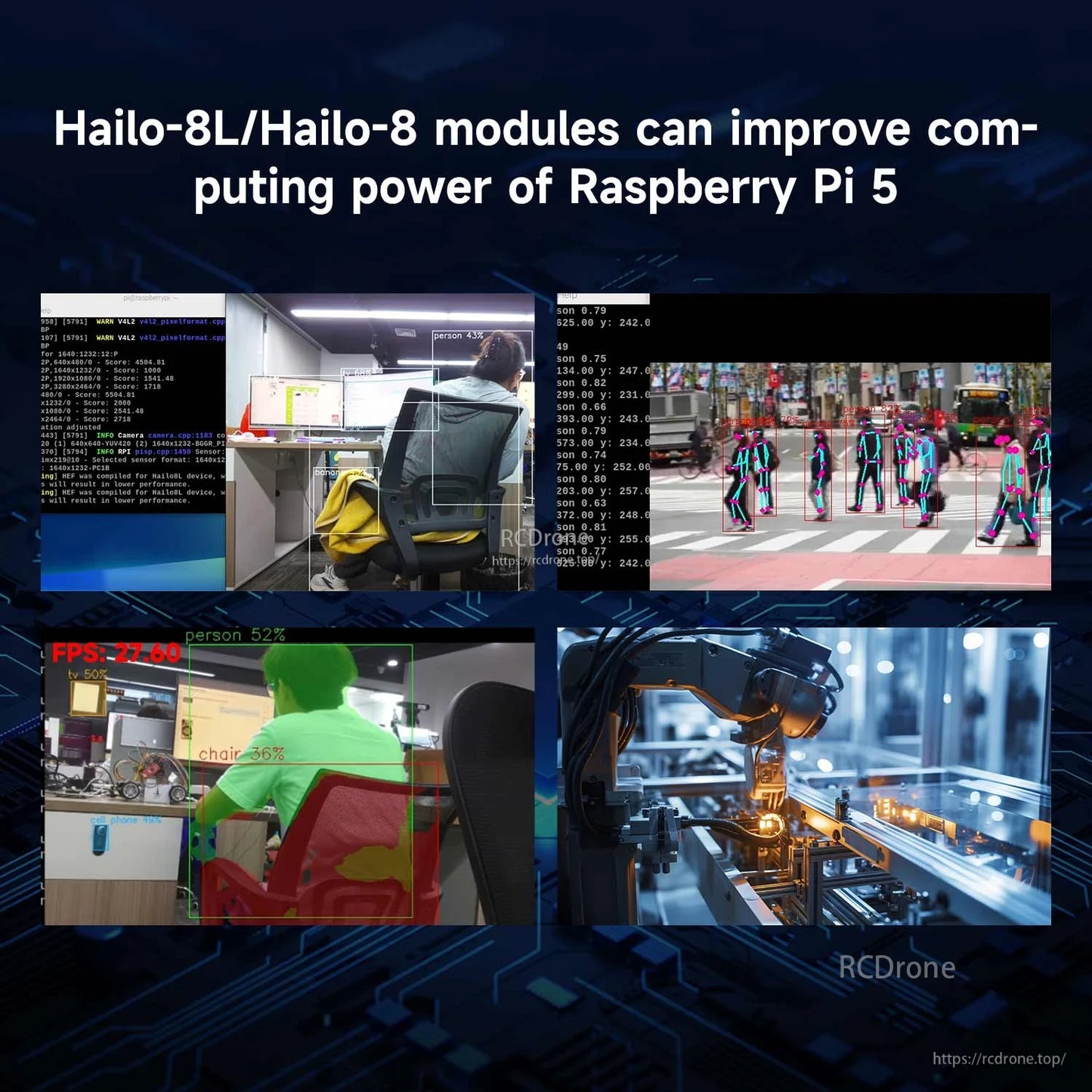 Performance demo collage stating Hailo-8L/Hailo-8 modules improve Raspberry Pi 5 computing power