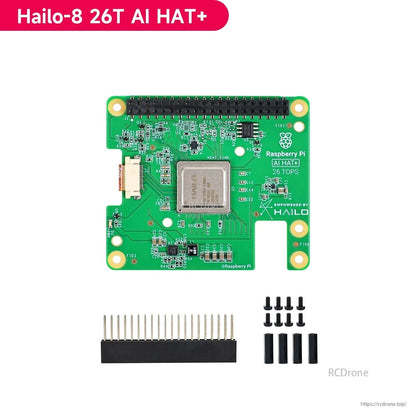 Hailo-8 26 TOPS AI HAT+ kit contents with board, 40-pin header, standoffs and screws