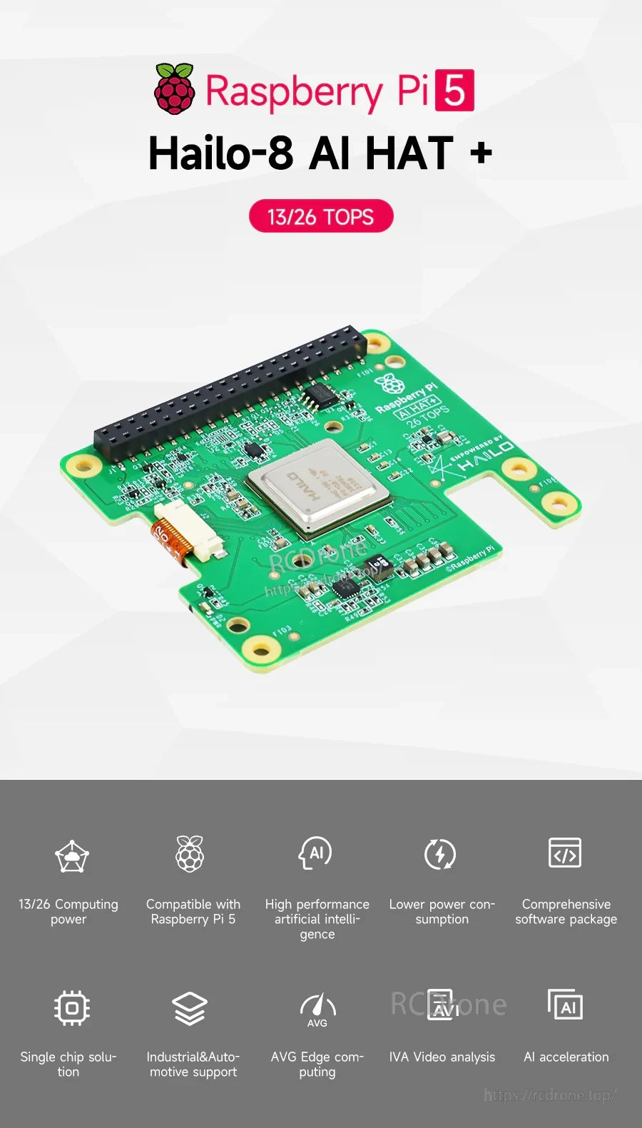 Raspberry Pi 5 Hailo-8/8L AI HAT+ accelerator board with 13/26 TOPS badge and 40-pin header