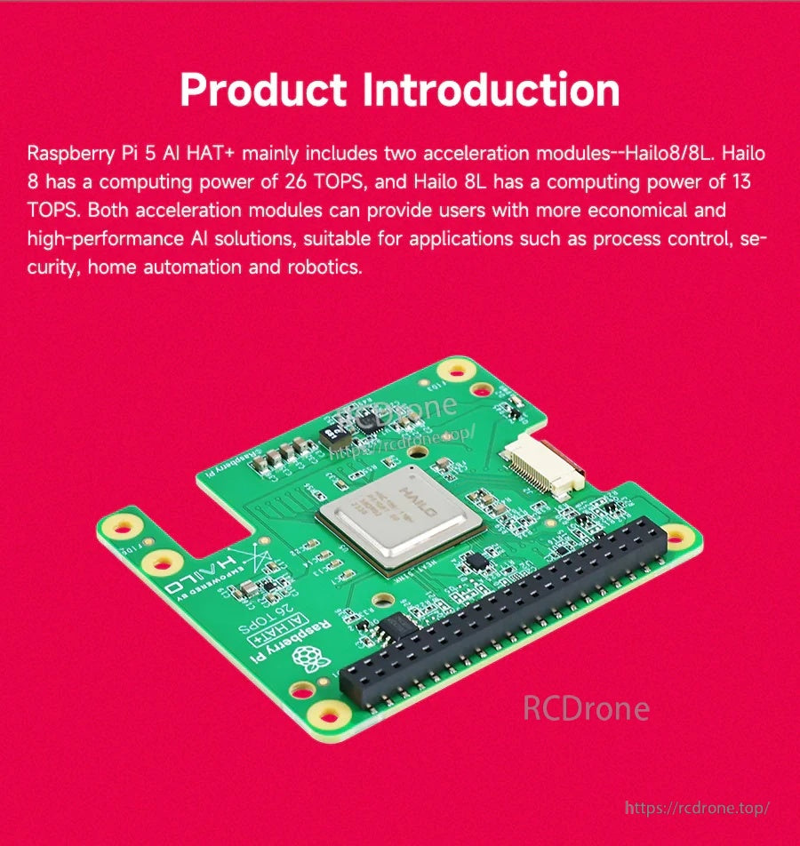Product introduction graphic for Raspberry Pi 5 AI HAT+ with Hailo-8 (26 TOPS) and Hailo-8L (13 TOPS) options