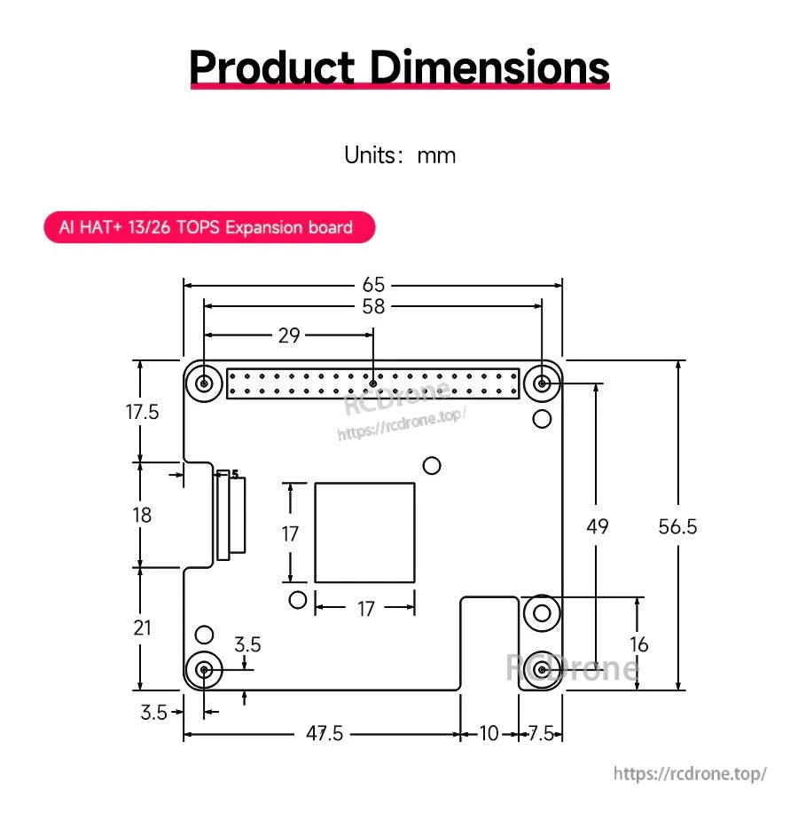 Product dimensions drawing for AI HAT+ expansion board with measurements in mm, including 65 x 56.5 mm outline