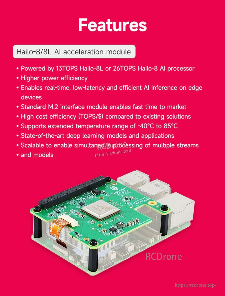 Feature overview for Hailo-8/8L AI HAT+ on Raspberry Pi 5 highlighting efficiency, low latency, and M.2/PCIe interface