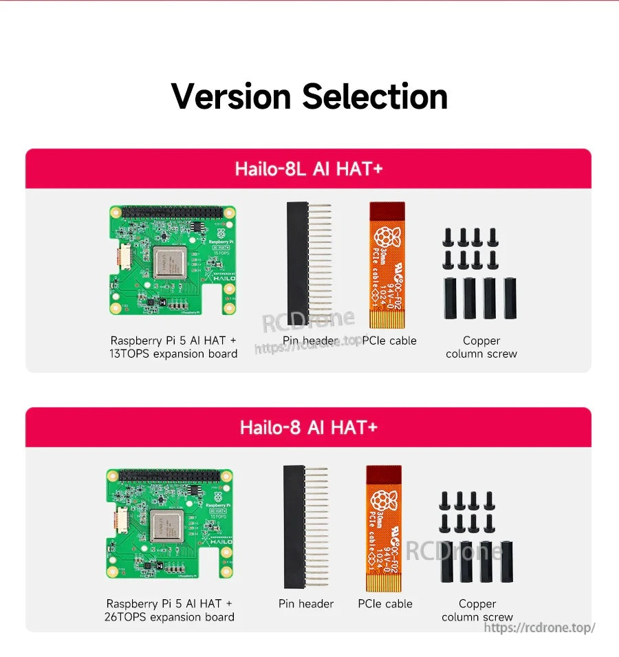 Version selection: Hailo-8L or Hailo-8 AI HAT+ kit contents with pin header, PCIe cable, and copper standoffs