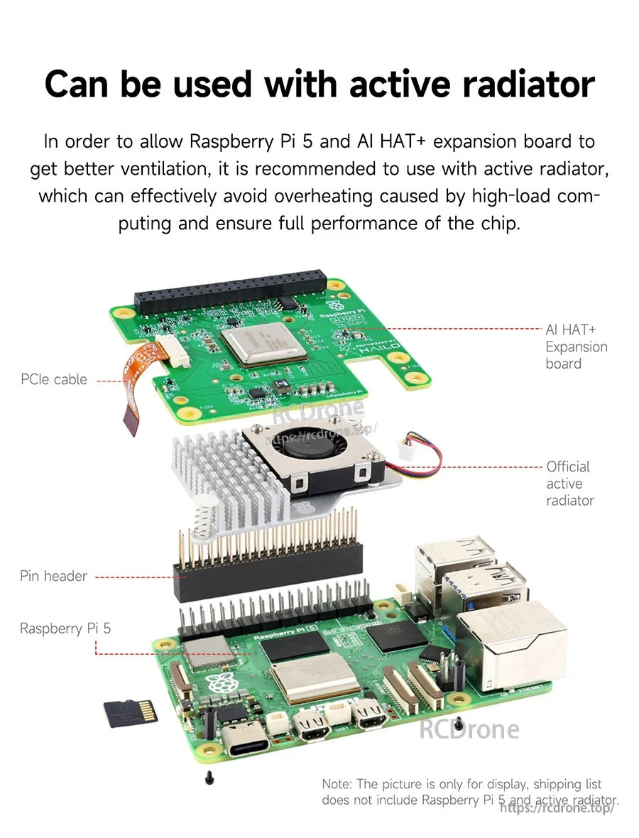 Exploded stack: Raspberry Pi 5, pin header, official active radiator, PCIe cable, and AI HAT+ expansion board