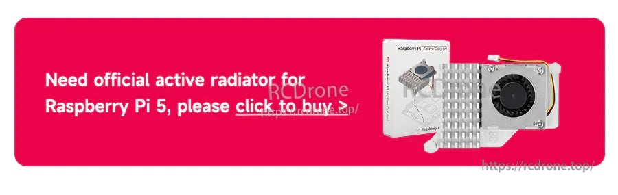Banner recommending the official Raspberry Pi 5 active radiator/cooler accessory for better thermal performance