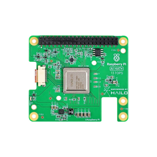 Hailo-8L AI HAT+ accelerator module for Raspberry Pi 5, top view with 40-pin header and NPU
