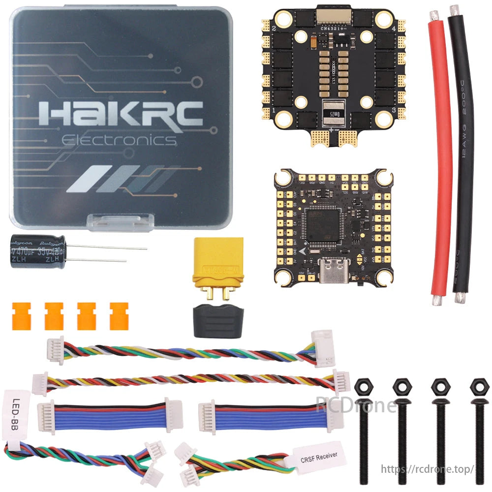 Hakrc F405 45a ESC, Hakrc Electronics F405 45A ESC kit contains ESCs, wires, connectors, screws, and a storage case for organized multirotor builds.