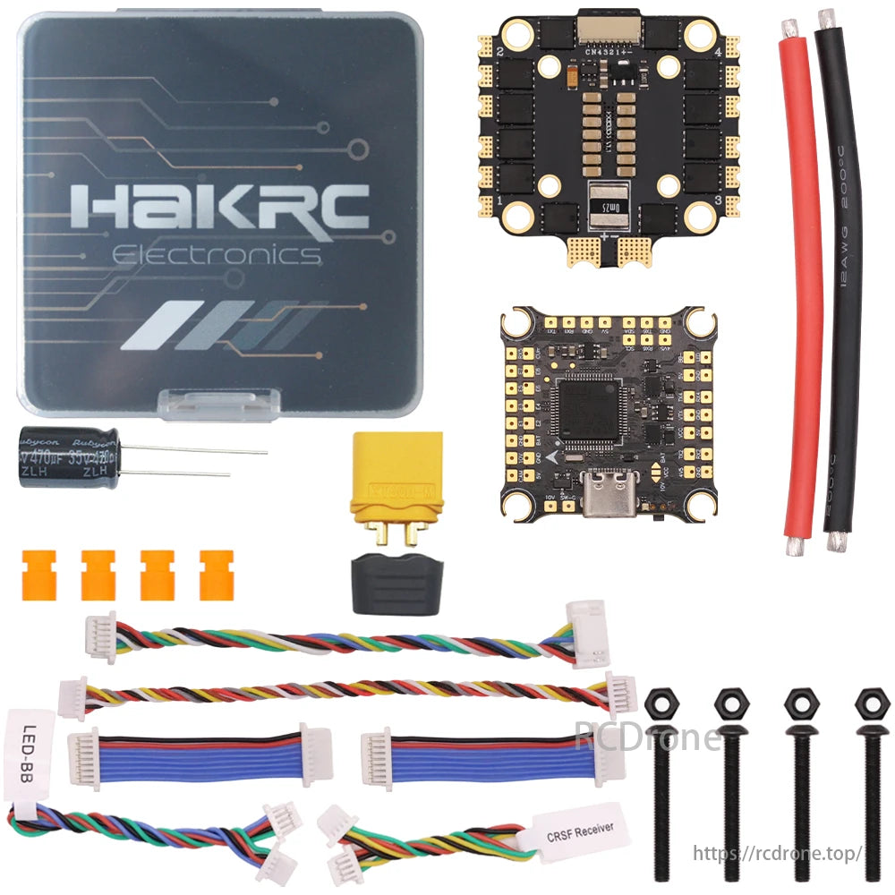 Hakrc F405 60A FPV Drone, Hakrc Electronics F405 60A FPV Drone kit contains flight controller, cables, connectors, screws, and assembly accessories.