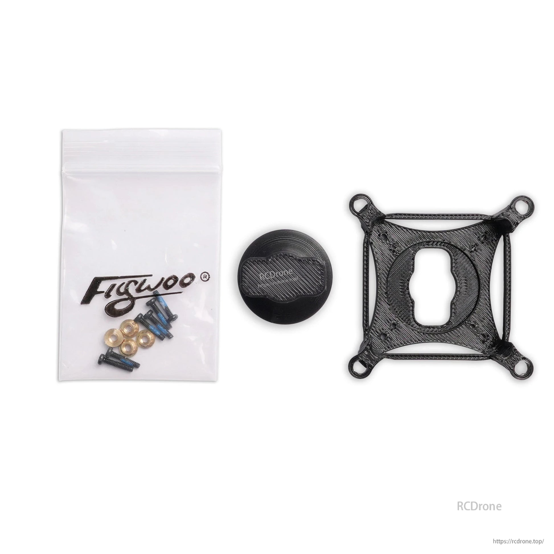 Handheld support TPU bracket kit with 3D-printed mount, round cap, and screws and washers for mounting