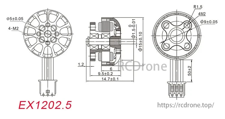 HappyModel EX1202.5 Brushless FPV Motor, HappyModel EX1202.5 FPV motor, available in 6400KV, 8000KV, 11500KV, for 2S/3S, with precise dimensions and specifications.