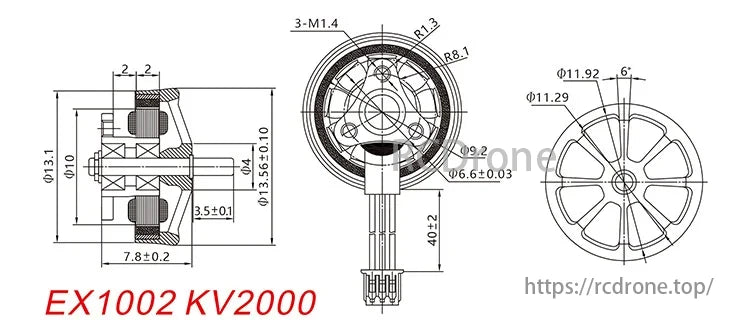 Happymodel EX1002 20000KV 1S Brushless FPV Motor, EX1002 KV2000 motor dimensions and specifications in technical drawing.