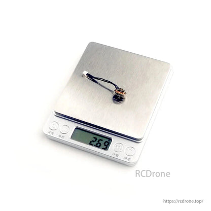 The Happymodel EX1002 20000KV 1S Brushless FPV Motor weighs 2.69 grams when measured on a digital scale.