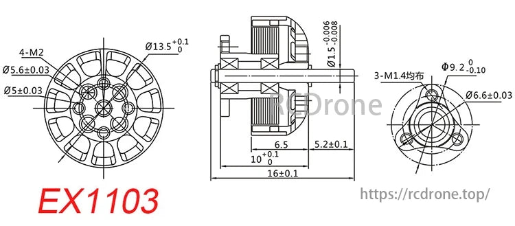 Happymodel EX1103 Brushless FPV Motor, EX1103 11000KV 1S 2S brushless FPV motor for micro racing drones, with comprehensive detailed dimensions provided.