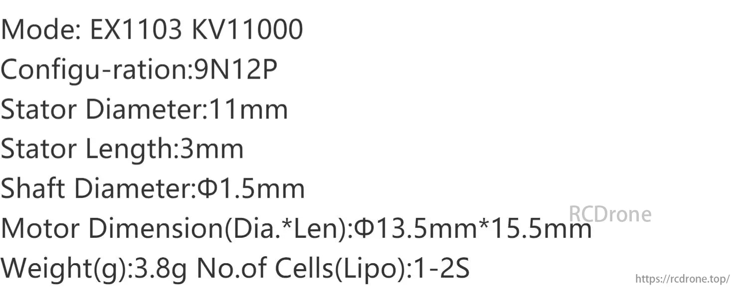 Happymodel EX1103 Brushless FPV Motor, EX1103 KV11000 motor: 9N12P, 11mm stator, Φ1.5mm shaft, 13.5mm*15.5mm size, 3.8g weight, for 1-2S LiPo micro racing drones.