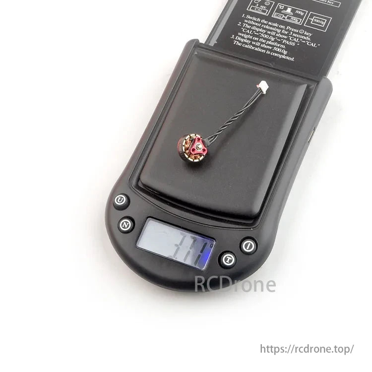 Happymodel EX1103 Brushless FPV Motor, Happymodel EX1103 motor weighs 7.7 grams, with calibration instructions displayed above for 1S 2S Brushless FPV use.